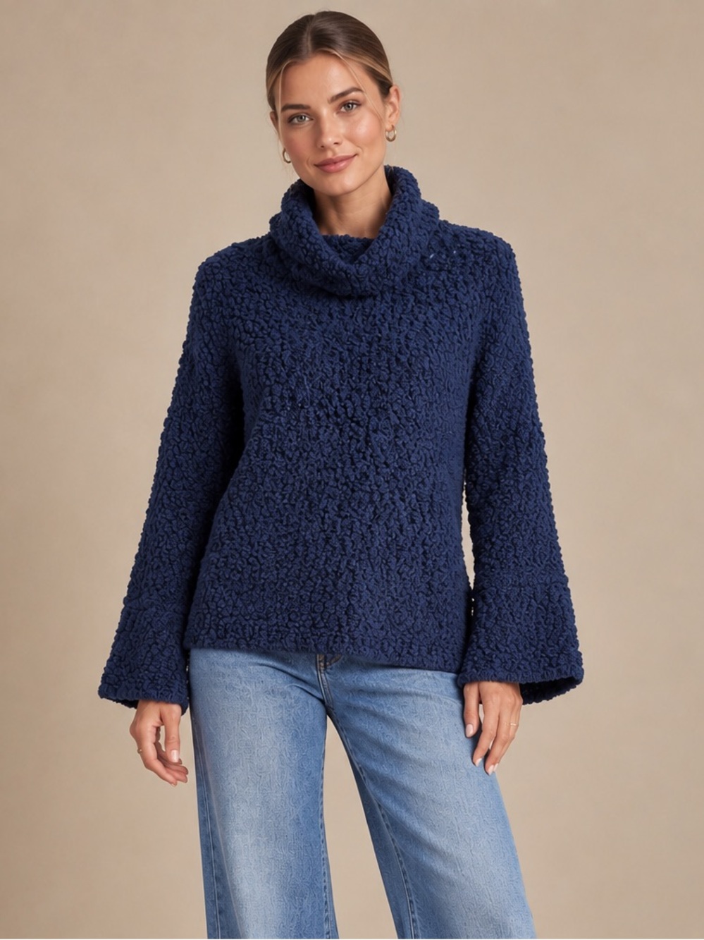 Jessica Simpson Navy Bouclé Cowl Neck Sweater